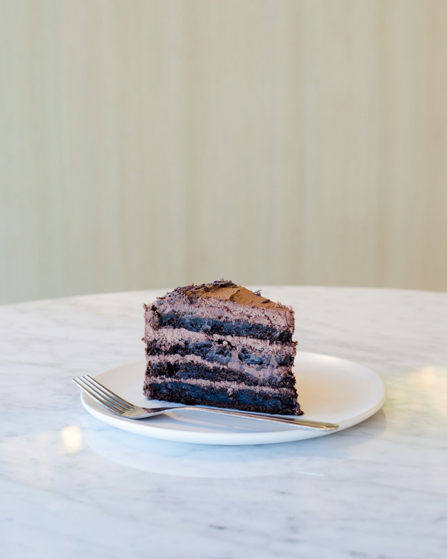 A slice of chocolate cake on a plate