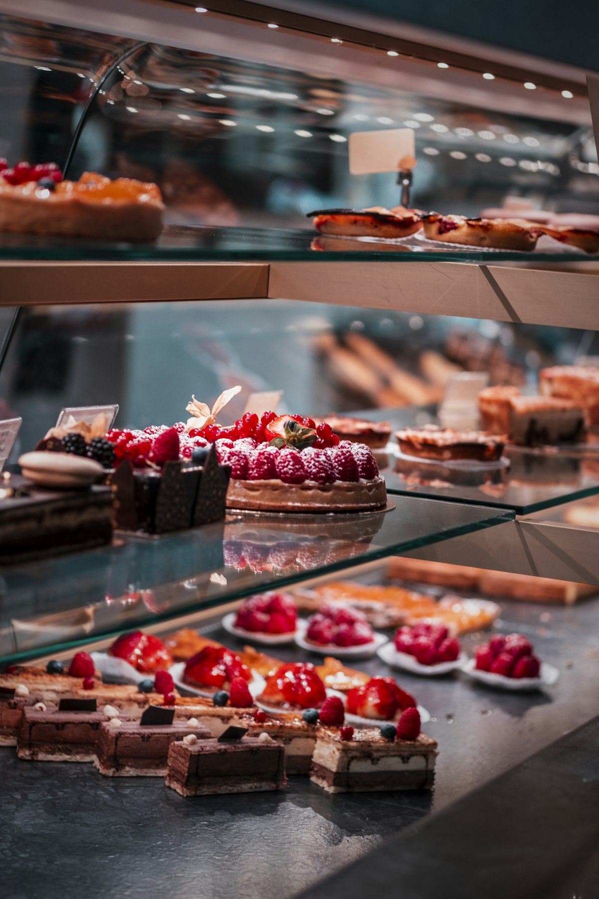 The bakery counter with a pastry display