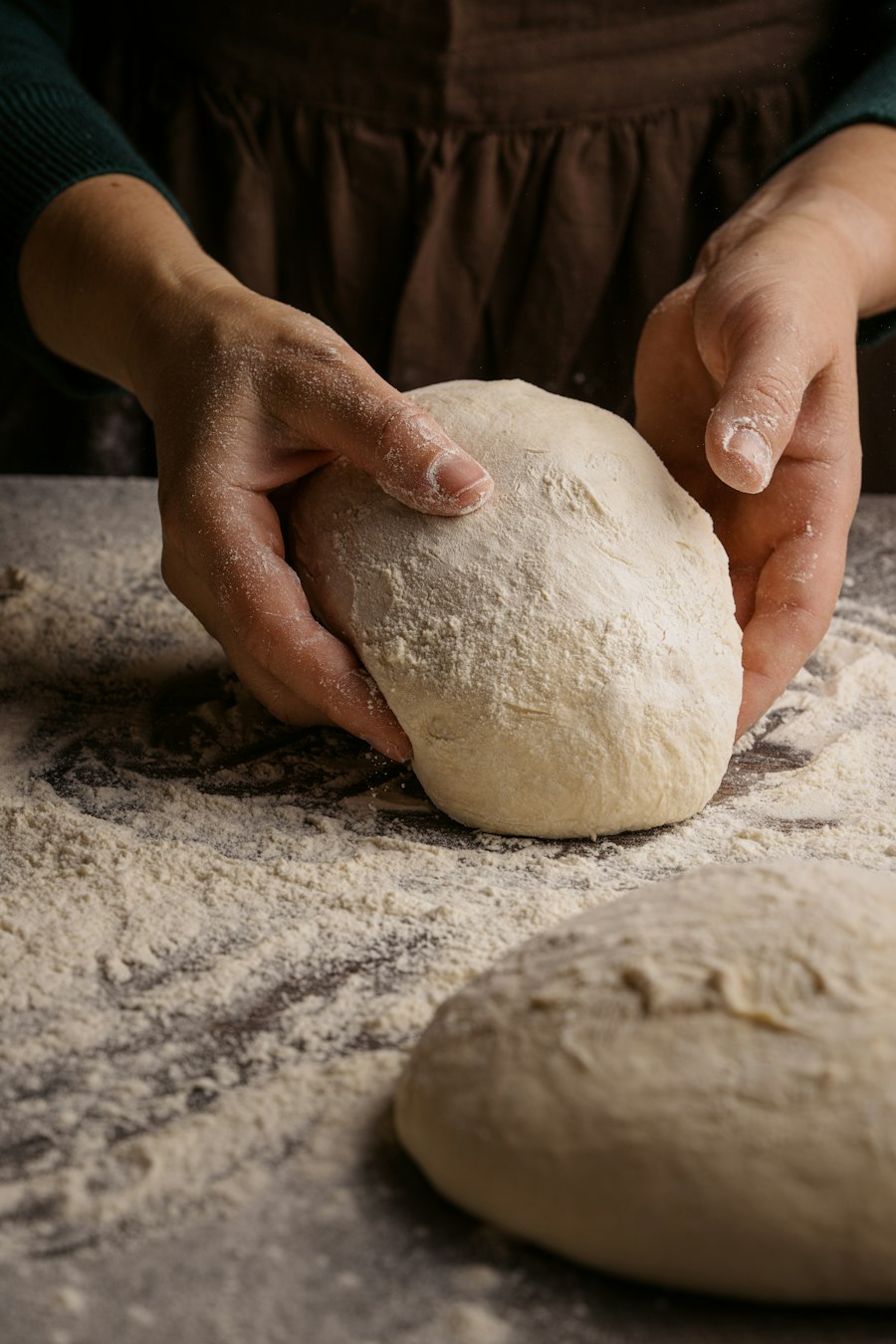 Flour-dusted hands kneading bread dough on a table
