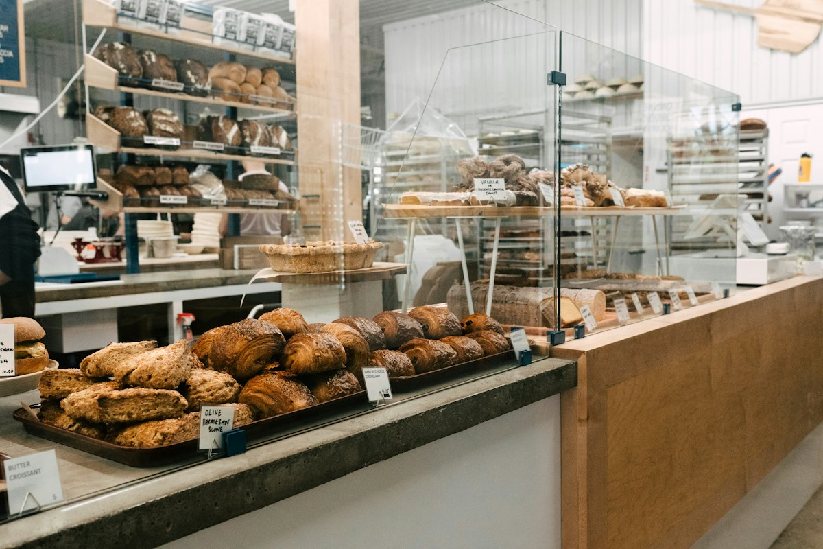 The bakery interior filled with baked goods