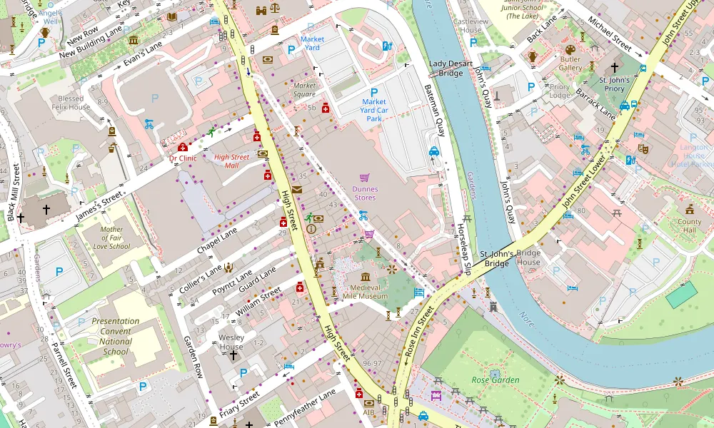 Street map of Kilkenny city centre with a pin on St Kieran's Street, behind High Street and near the Medieval Mile Museum.